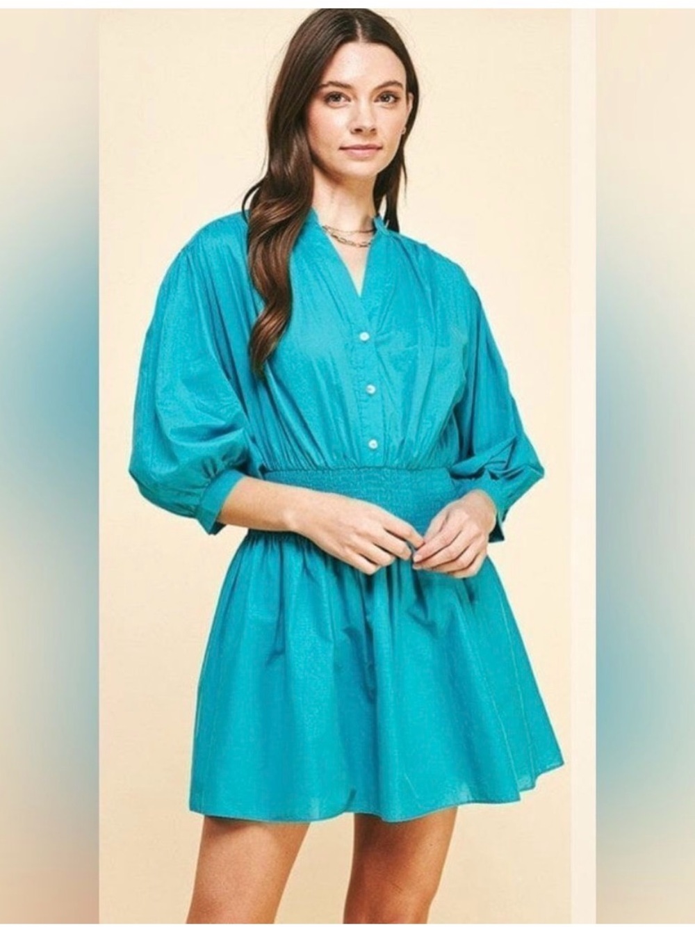 Pinch Teal Button-Front Smocked Waist Mini Dress
